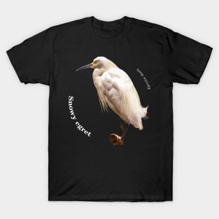Snowy egret tropical bird pin white text T-Shirt